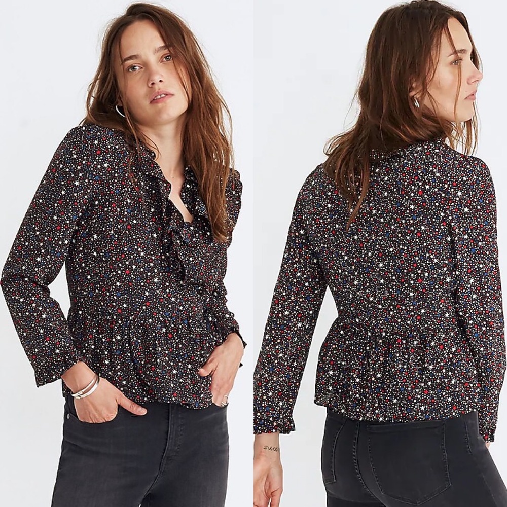 Madewell Silk Ruffle Hem Wrap Top in Starry Night